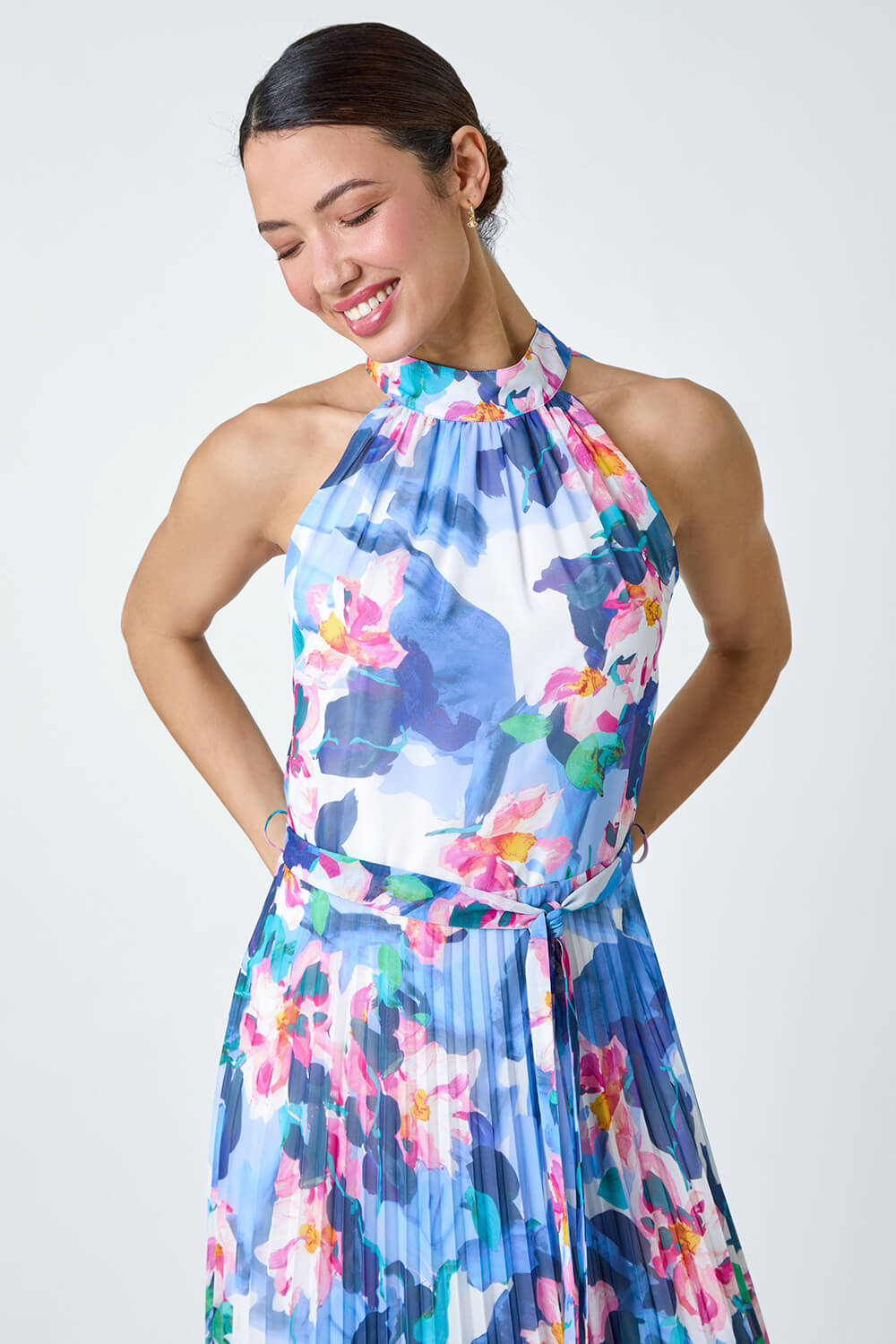 Blue Floral Print Pleated Midi Dress, Image 4 of 5