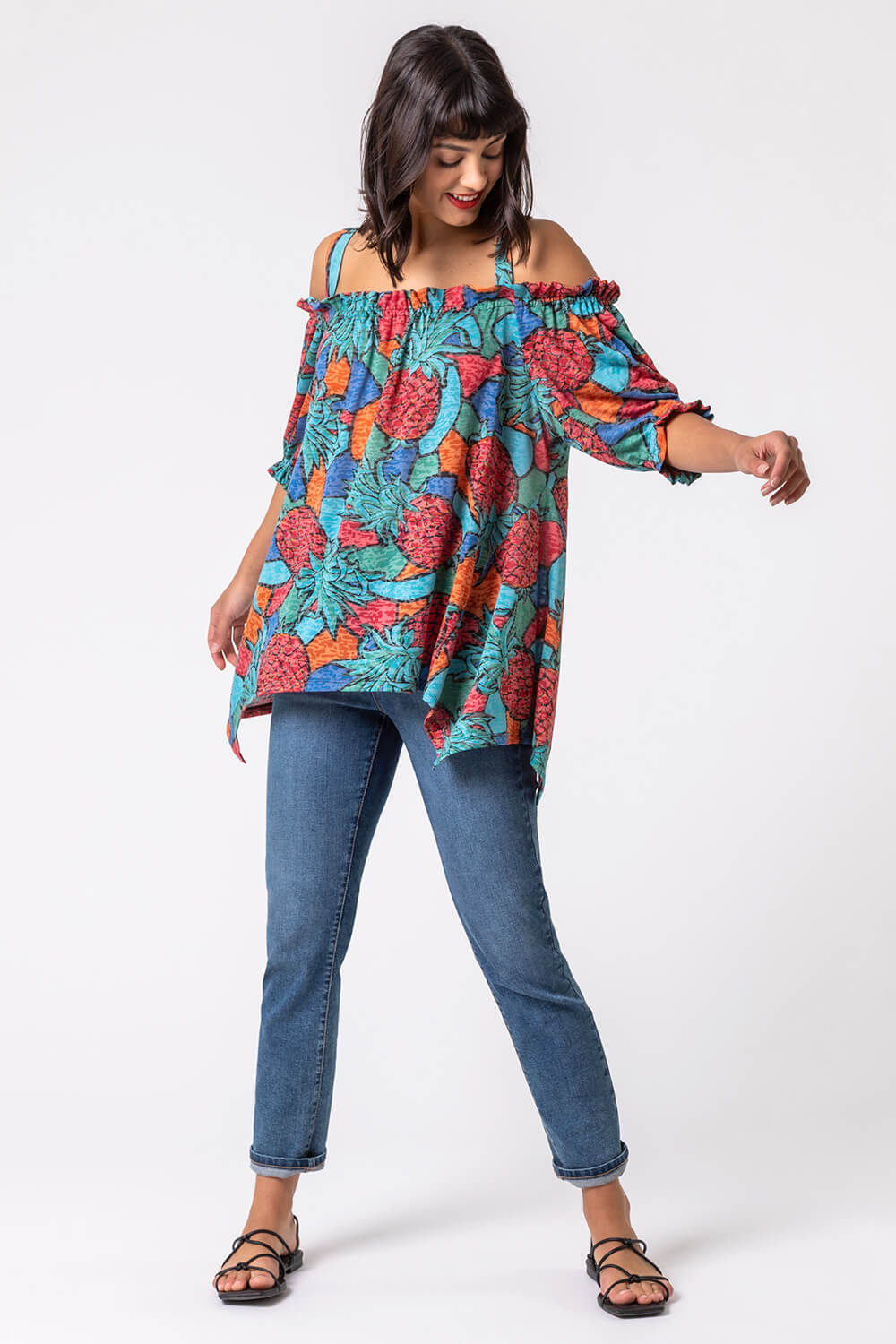 Turquoise Burnout Pineapple Print Cold Shoulder Top, Image 3 of 4