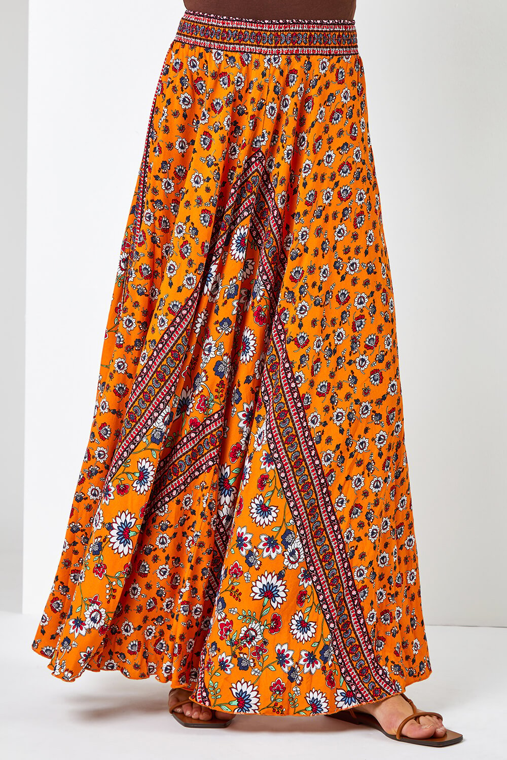 ORANGE Boho Floral Print Maxi Skirt, Image 2 of 5