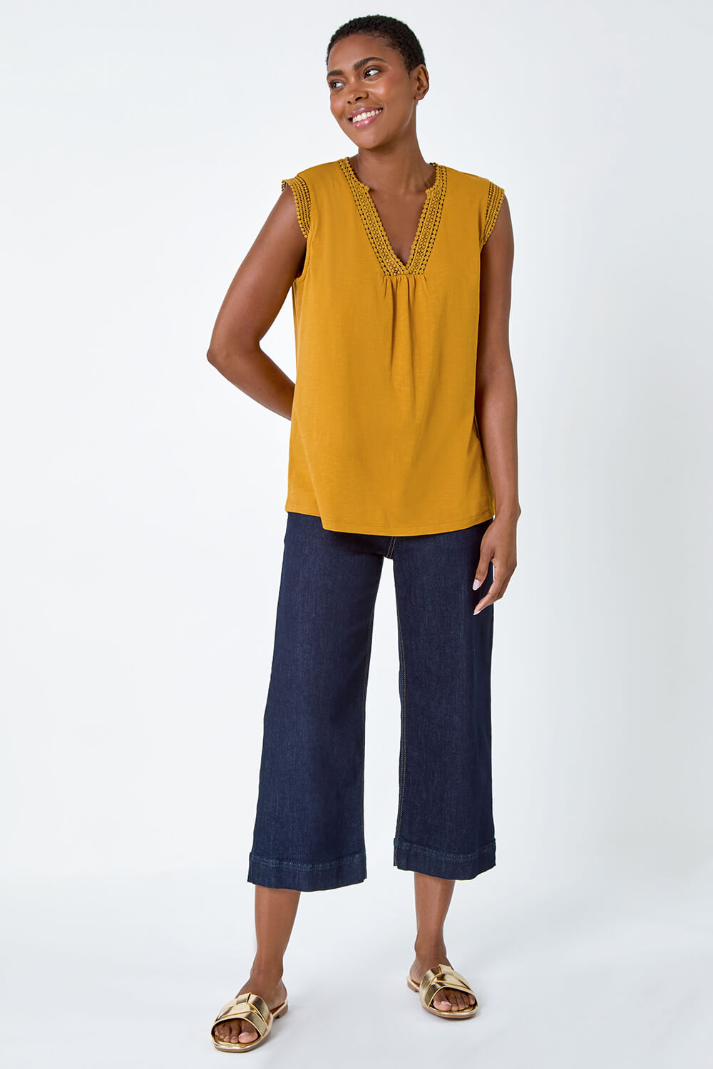 Ochre Sleeveless Lace Trim Cotton Top, Image 2 of 5