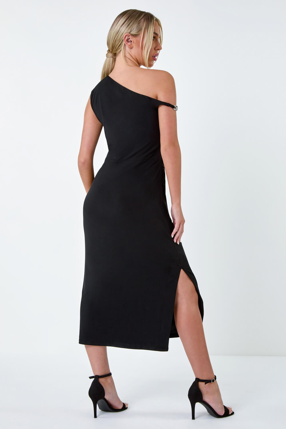 Black Petite Twist Detail Ruched Stretch Dress, Image 3 of 5
