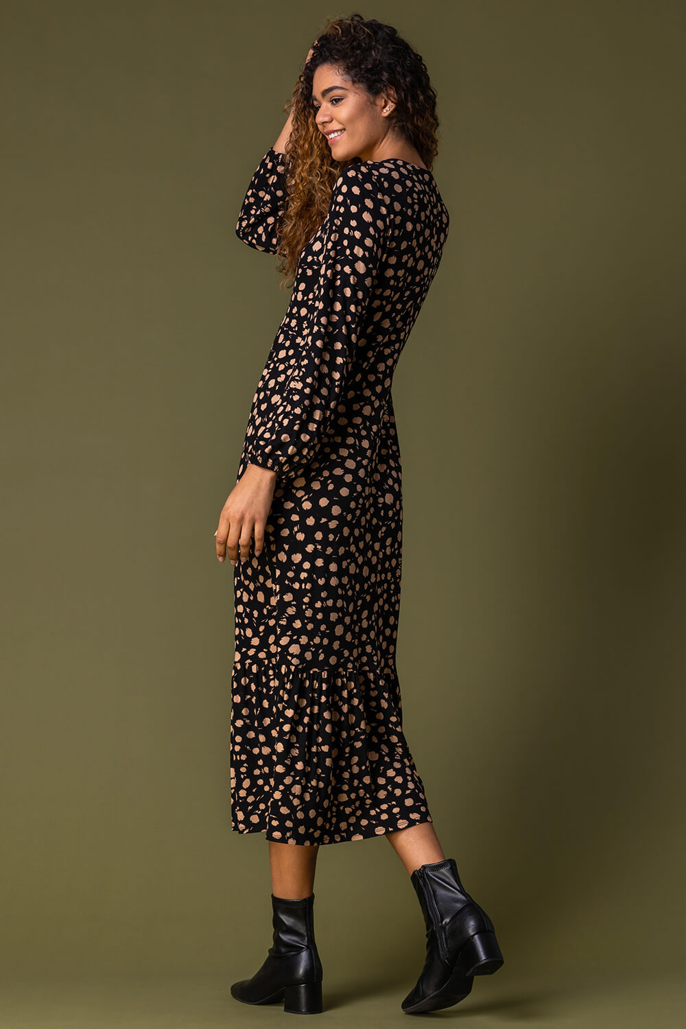 Black Animal Spot Print Midi Dress, Image 3 of 5