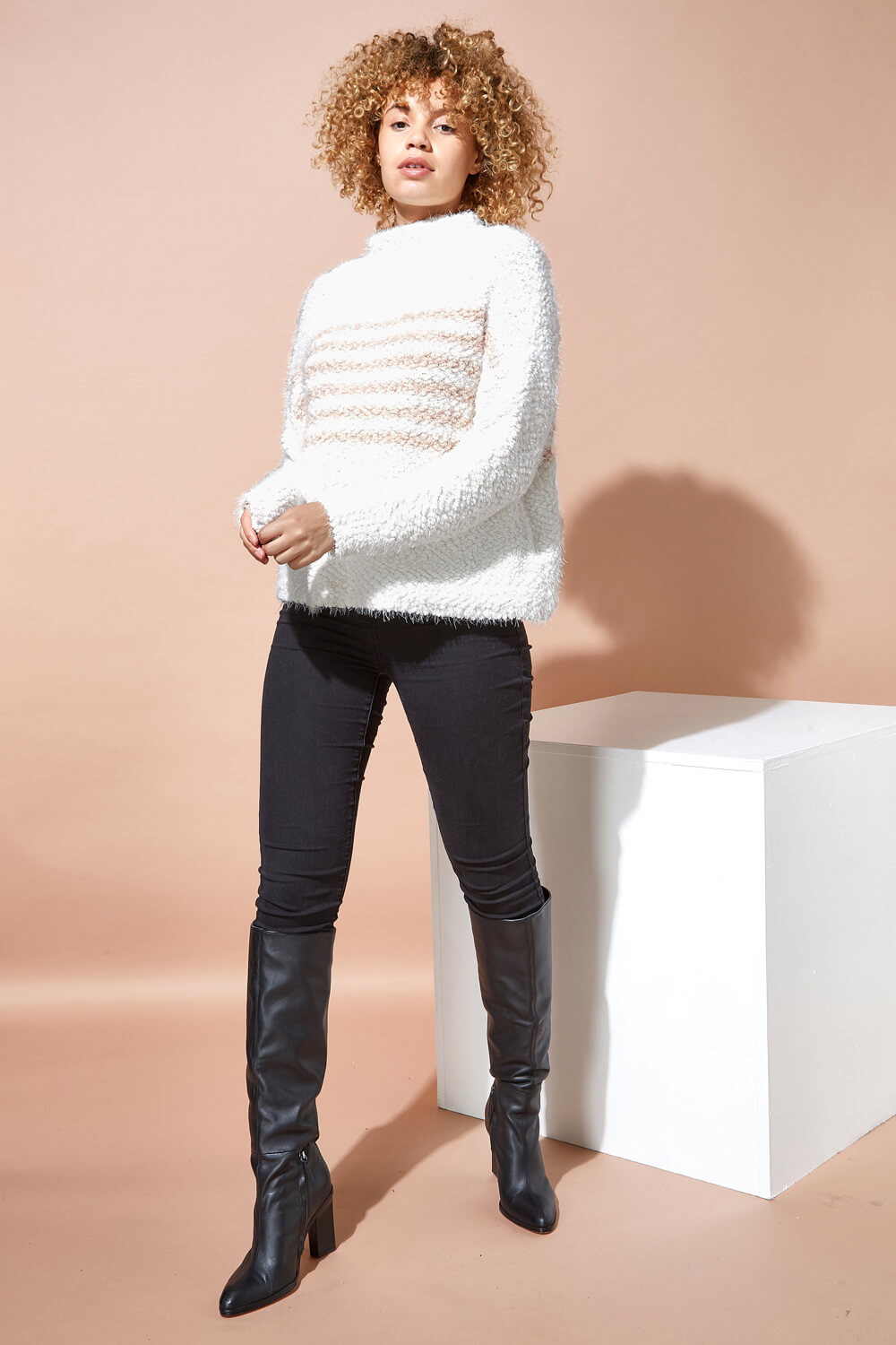 Ivory  Striped Fluffy Roll Neck Jumper, Image 2 of 4