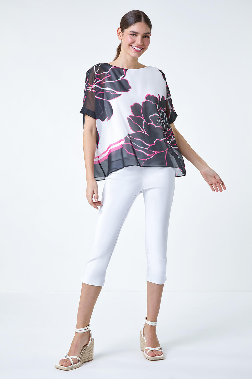 Ivory  Floral Print Overlay Top, Image 2 of 5