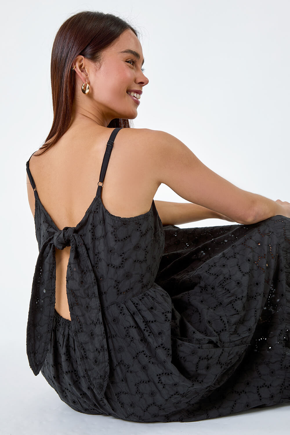 Black Petite Tie Detail Broderie Dress, Image 5 of 5