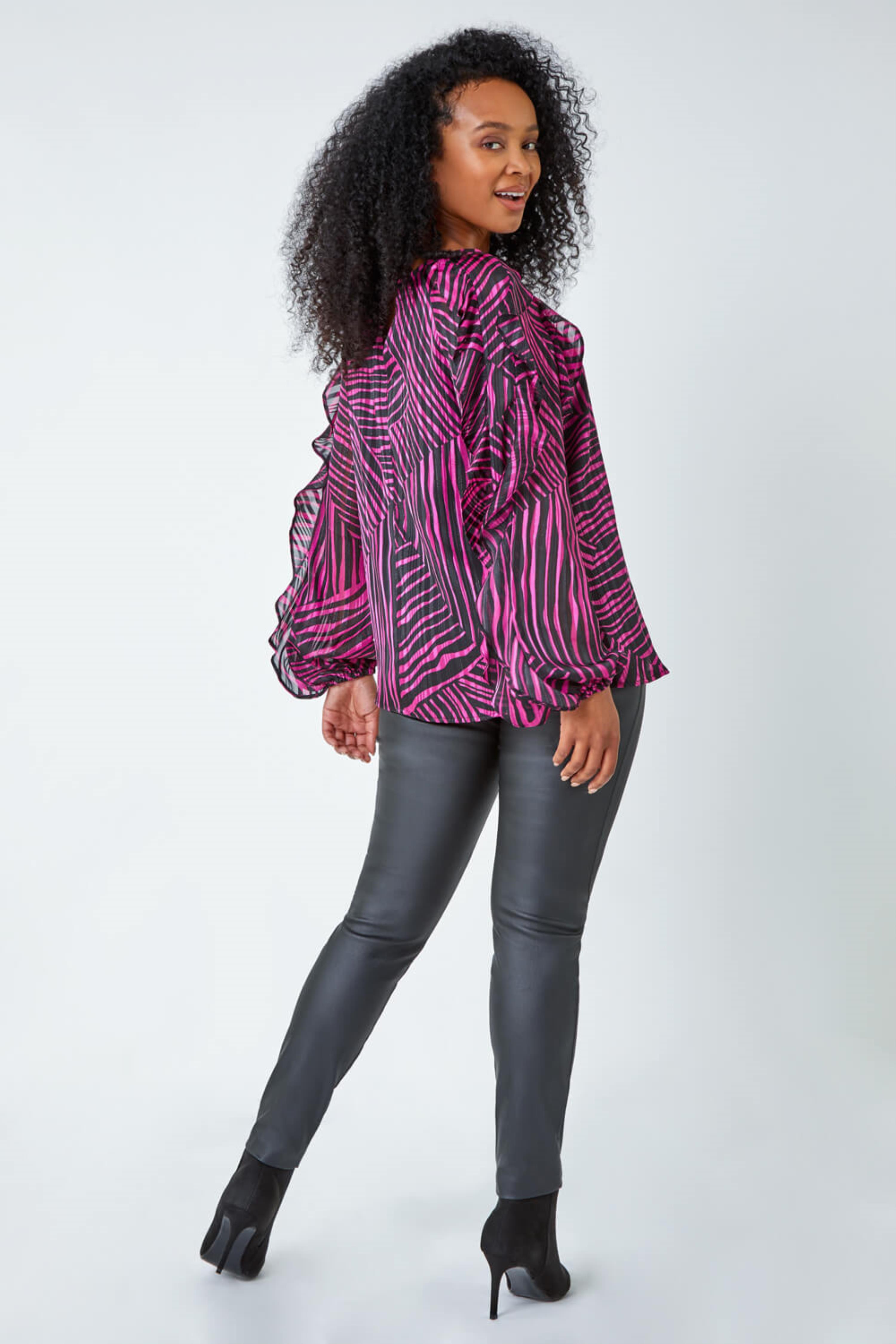 PINK Petite Abstract Print Frill Detail Top, Image 3 of 5
