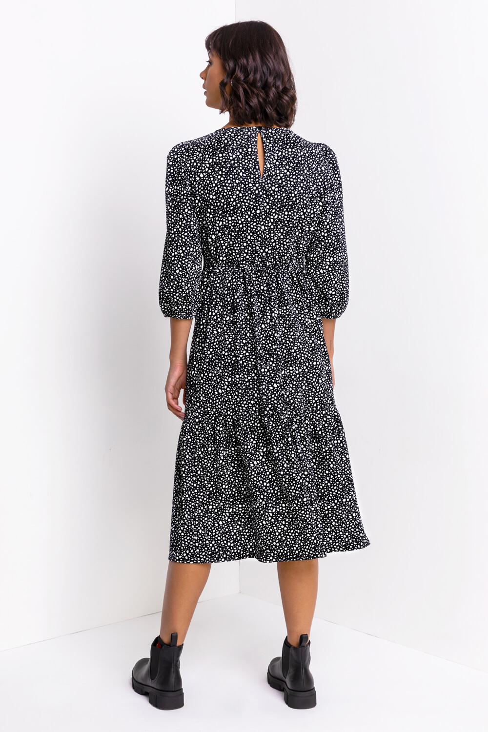 Black Tiered Spot Print Midi Dress, Image 2 of 4