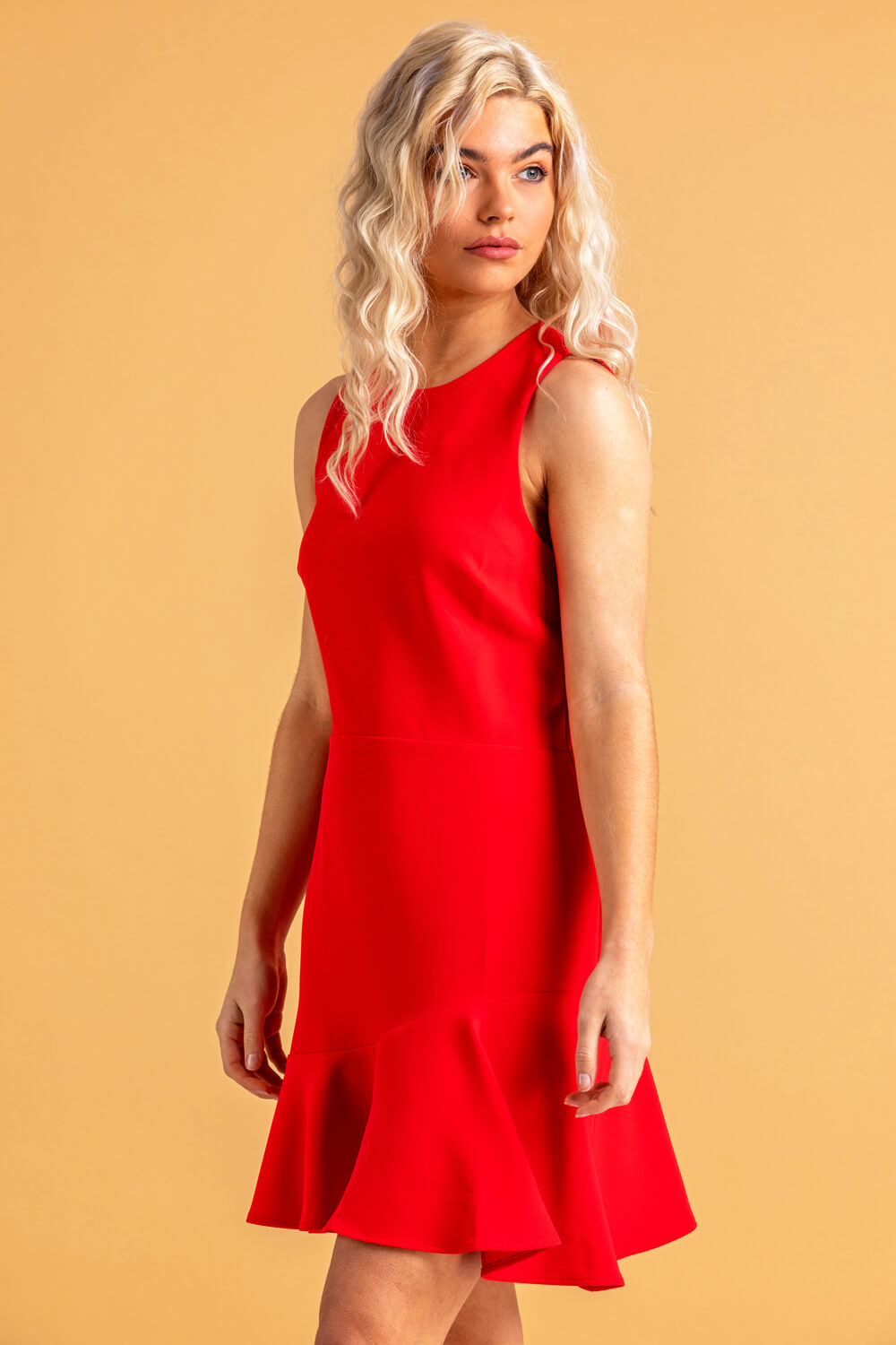 Red Sleeveless Peplum Hem Dress, Image 3 of 4