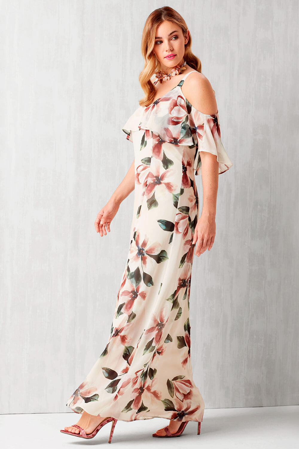 AmyDong Women Summer Cold Shoulder Floral Print Elegant Maxi Long Dress Pocket Dress 