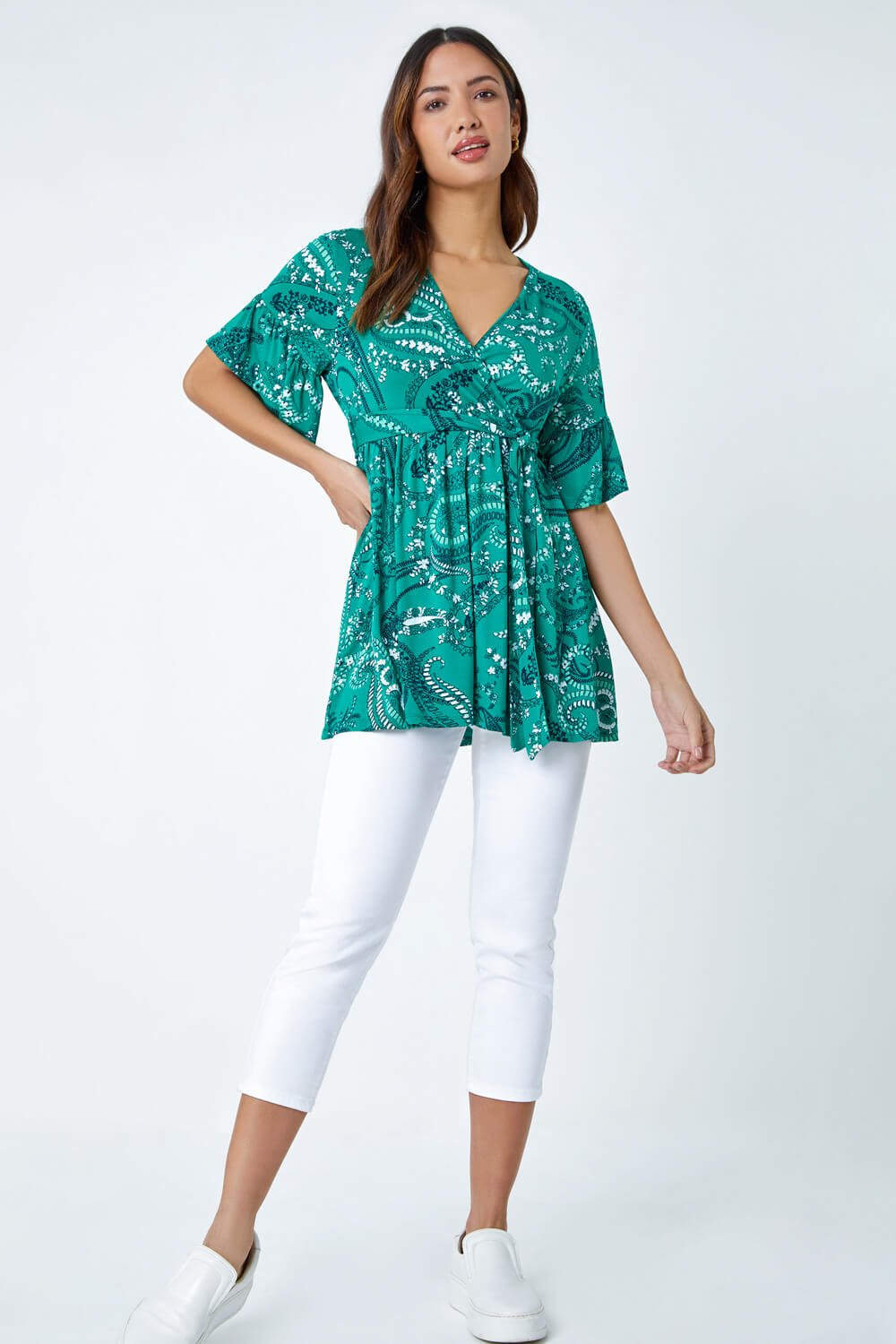 Green Paisley Print Stretch Jersey Wrap Top, Image 2 of 5