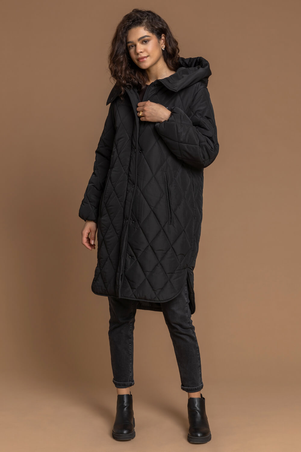 Black Hooded Longline Quilted Coat, Image 3 of 5