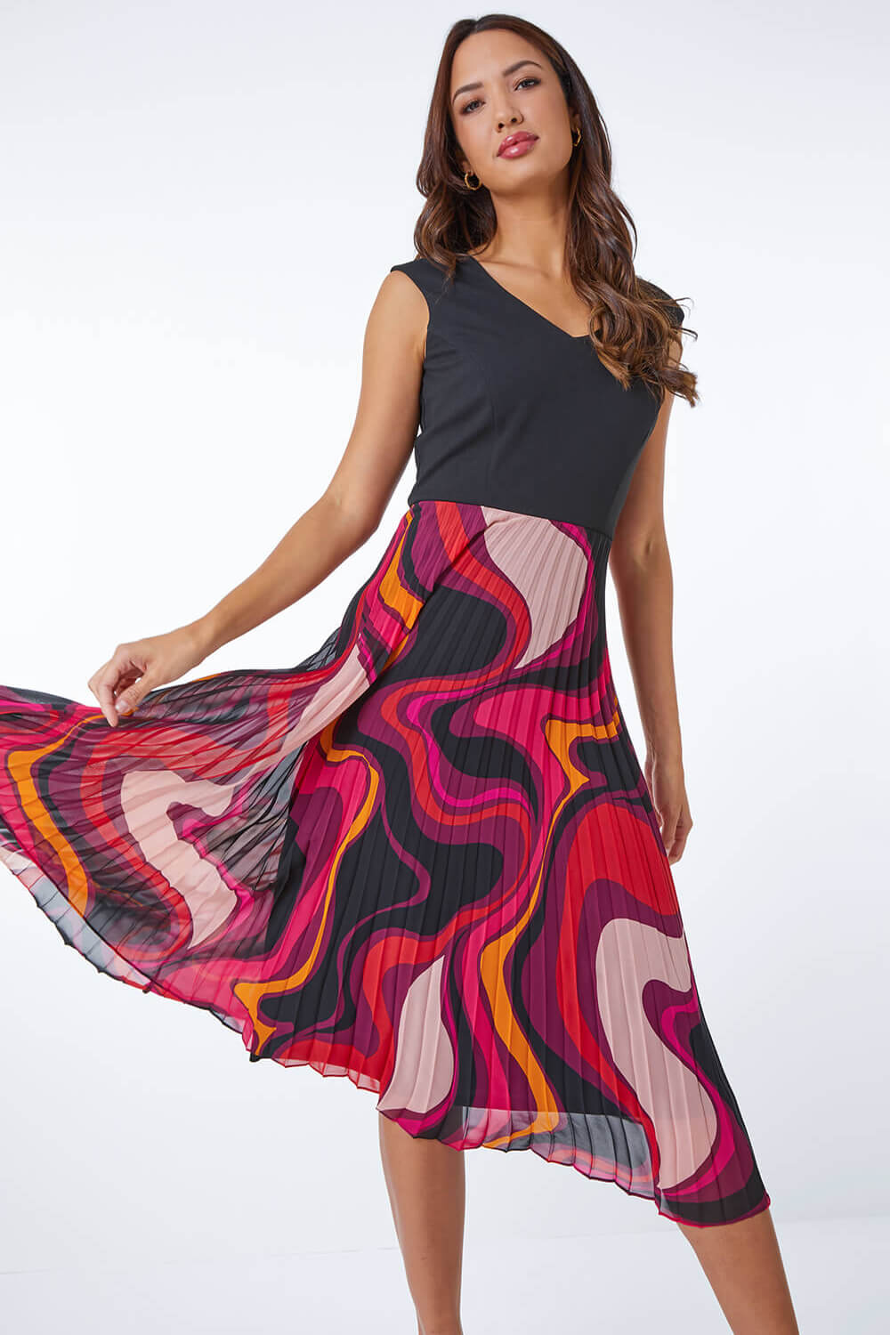 Swirl Print Pleated Midi Dress