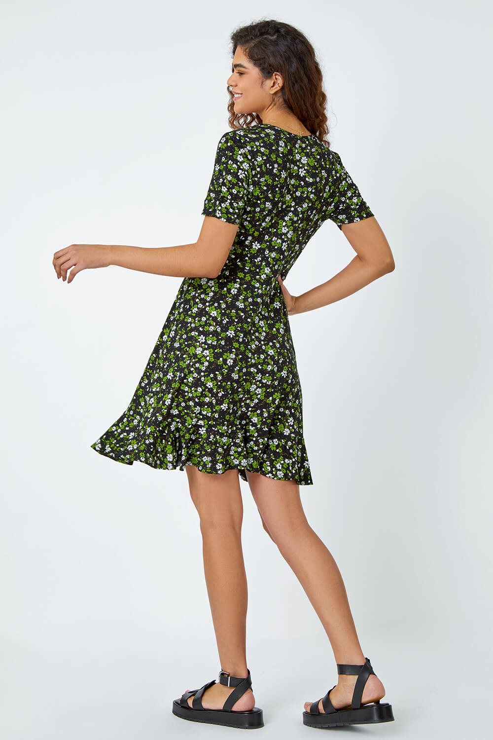 Green Floral Print Wrap Stretch Dress, Image 3 of 5
