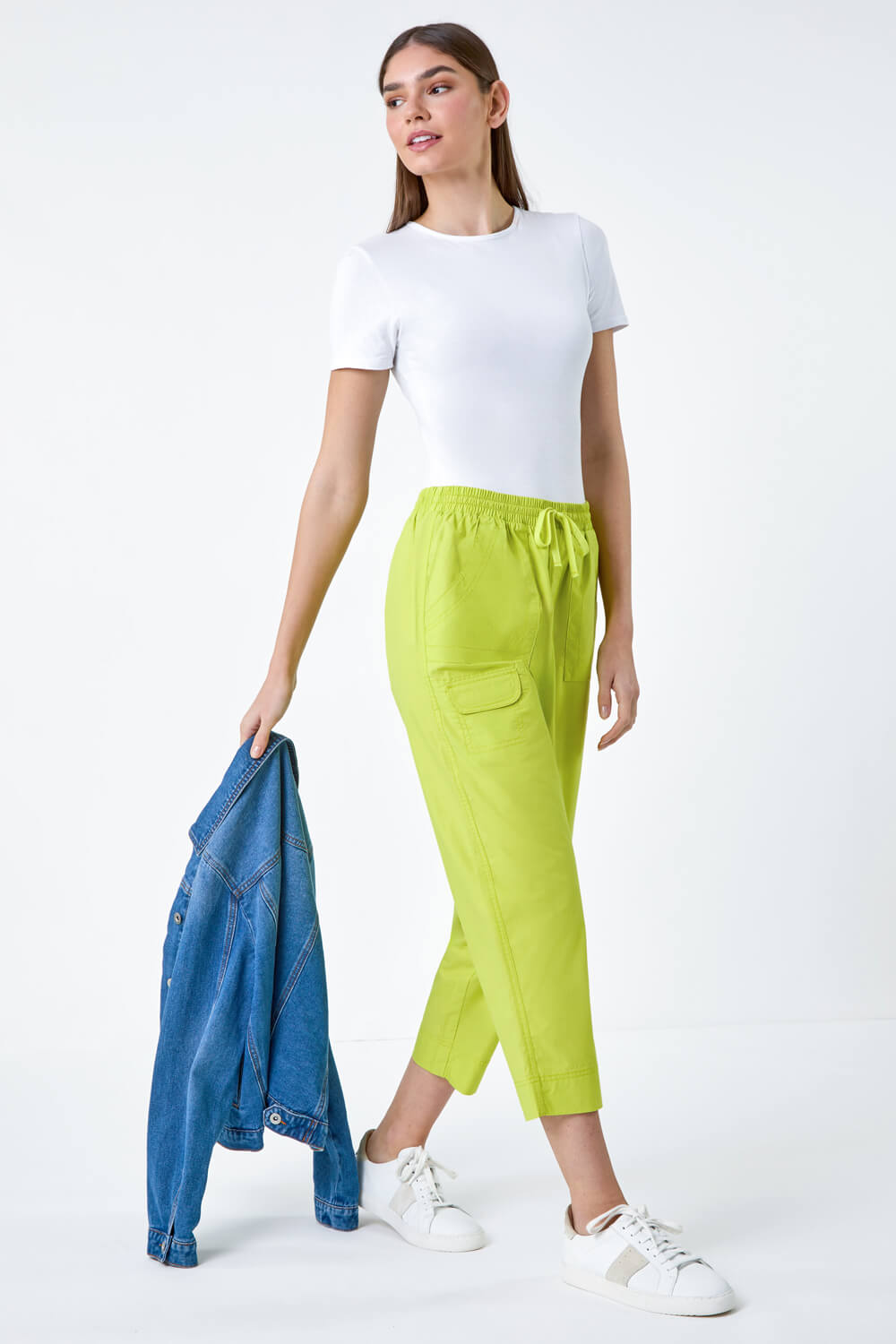 Lime Cotton Cropped Cargo Trousers, Image 2 of 5