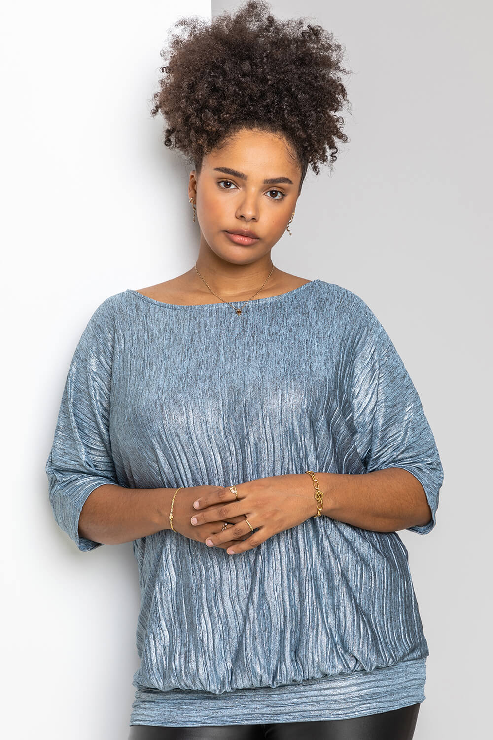 Curve Shimmer Pleated Blouson Top in Silver - Roman Originals UK