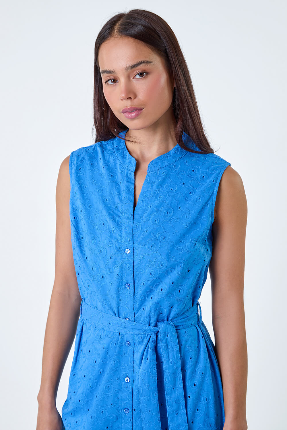Blue Petite Cotton Broderie Frill Midi Dress, Image 4 of 5