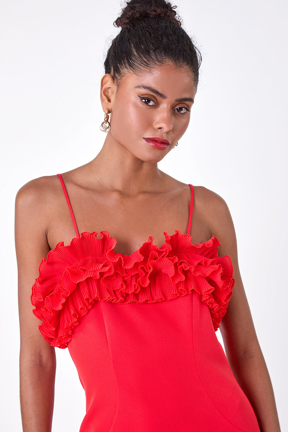 Red Frill Detail Stretch Dress, Image 4 of 7