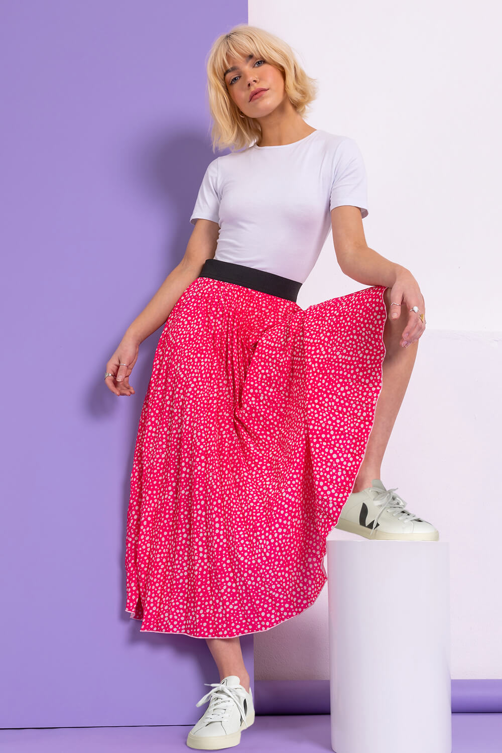 PINK Ditsy Spot Print Pleated Skirt, Image 4 of 4