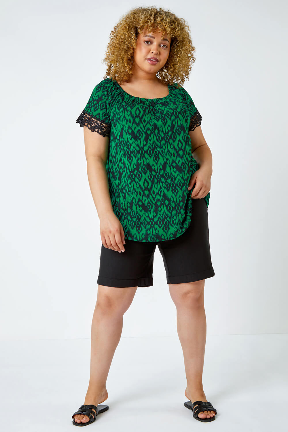 Green Curve Lace Trim Bardot Stretch Top, Image 2 of 5