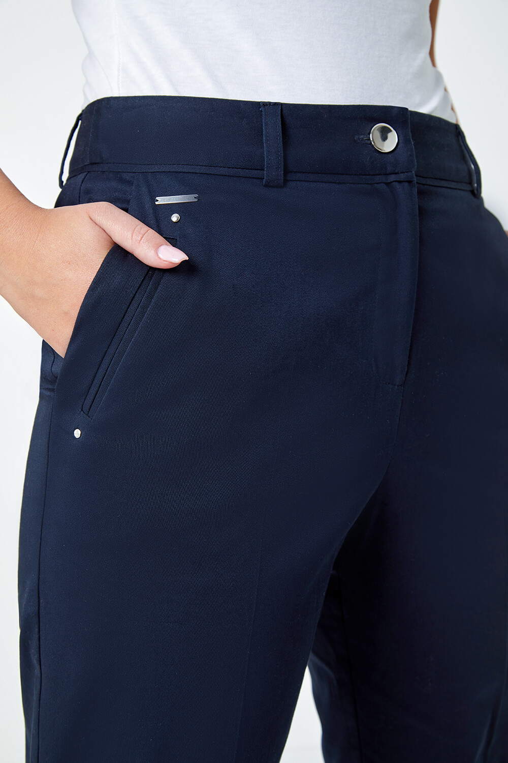 Navy  Petite Cotton Blend Stretch Trousers, Image 5 of 5