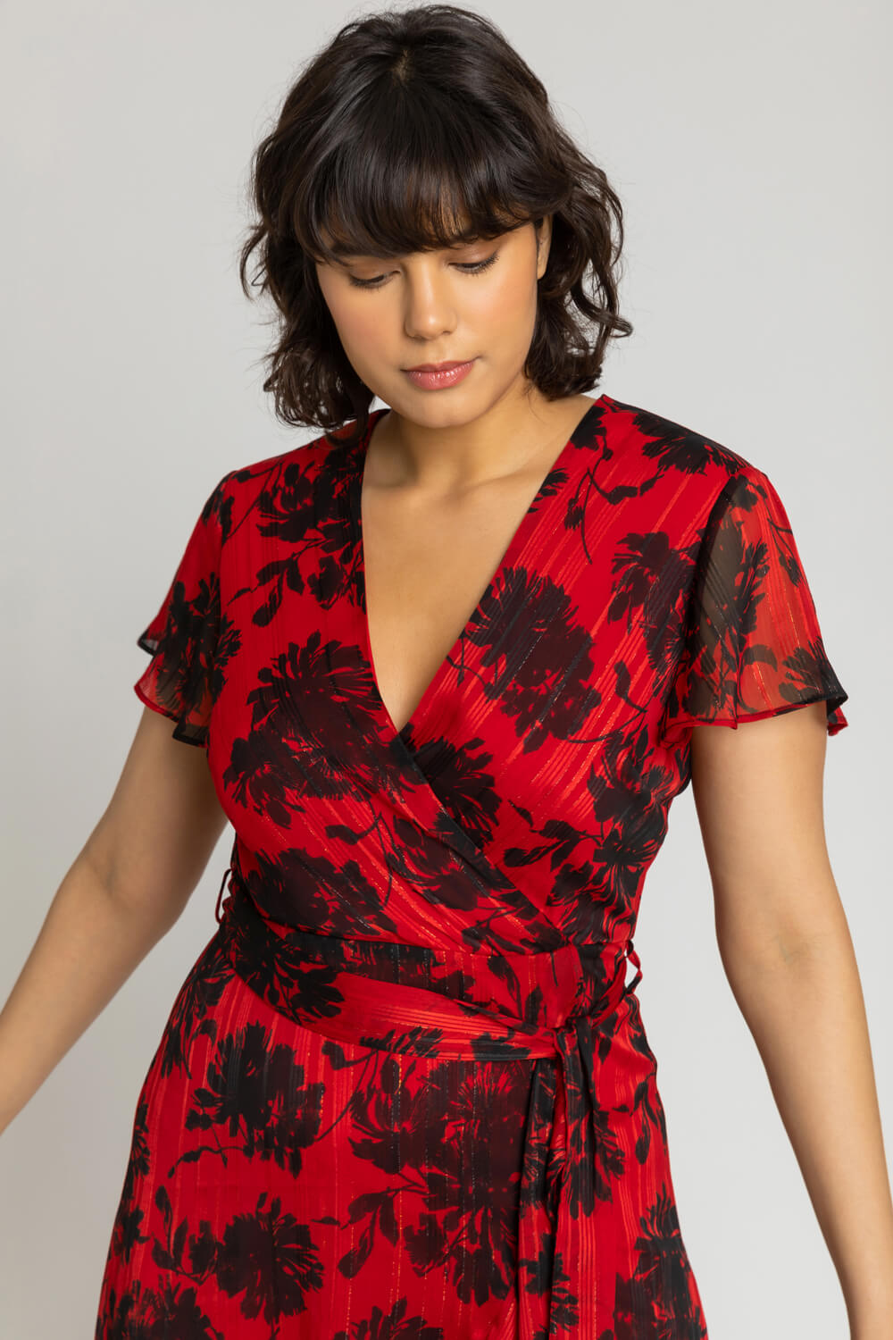 Red Floral Print Wrap Midi Dress, Image 4 of 4