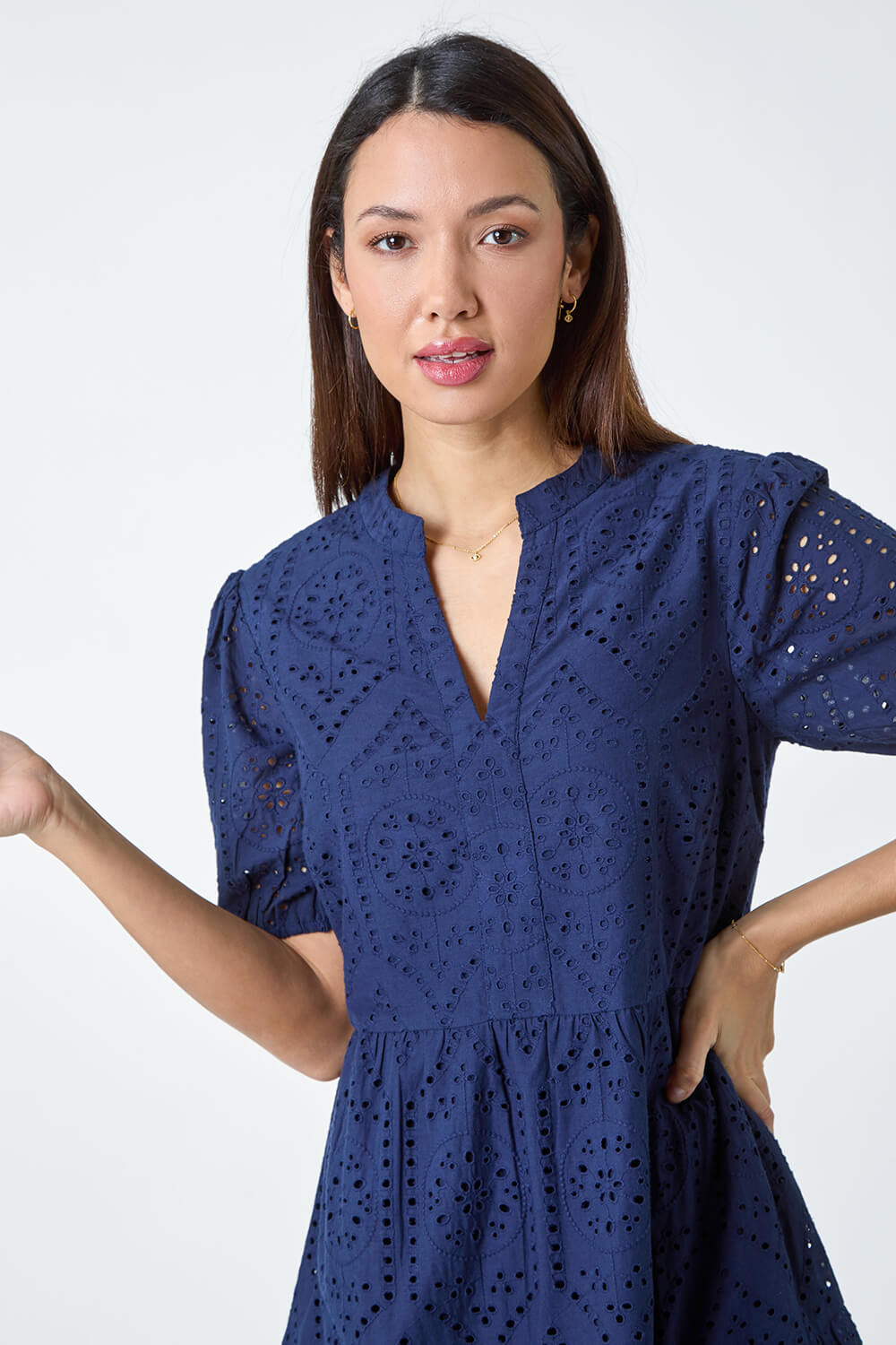 Navy  Embroidered Tiered Cotton Smock Dress, Image 4 of 5