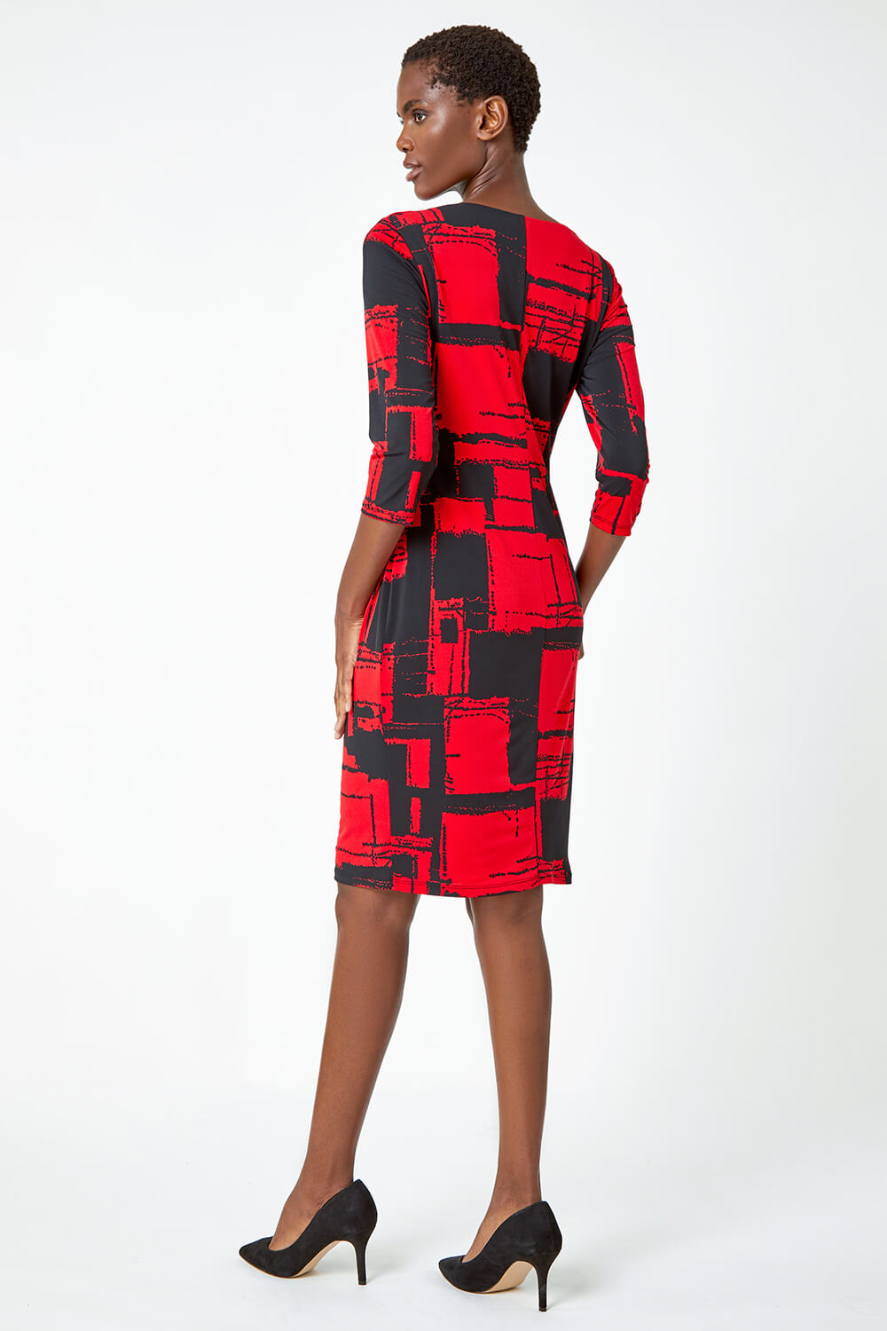 Red Abstract Print Cowl Neck Stretch Dress, Image 3 of 5