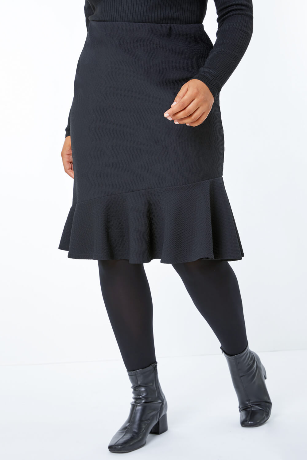 Black Curve Frill Hem Skirt, Image 2 of 5