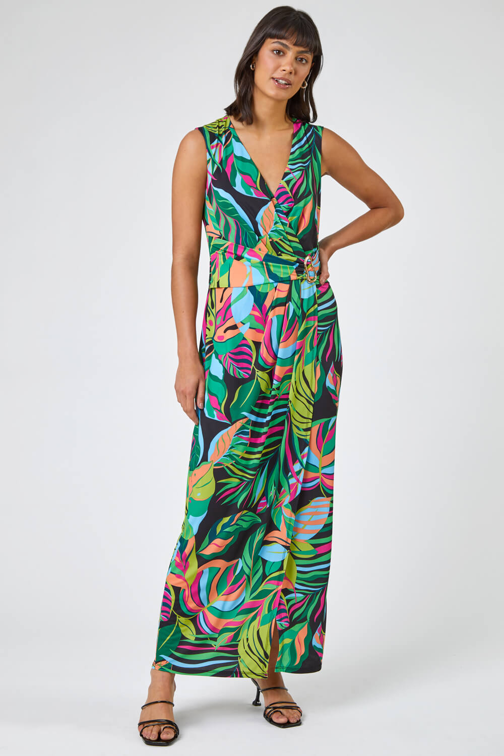 Tropical Print Belted Wrap Dress in Green - Roman Originals UK