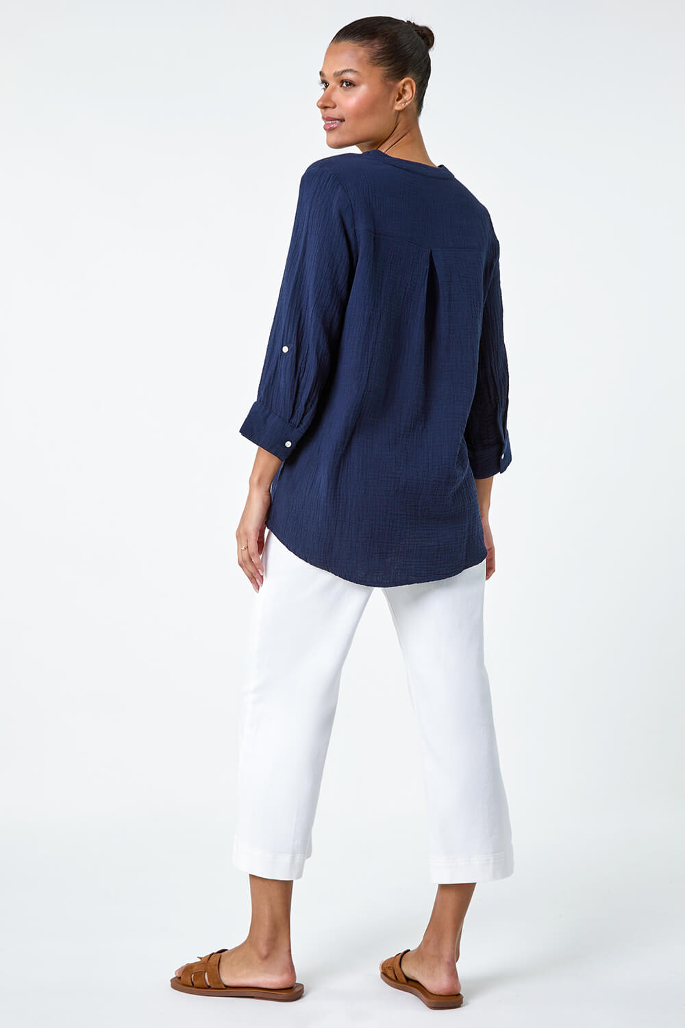 Navy Pleat Detail Cotton Top | Roman UK