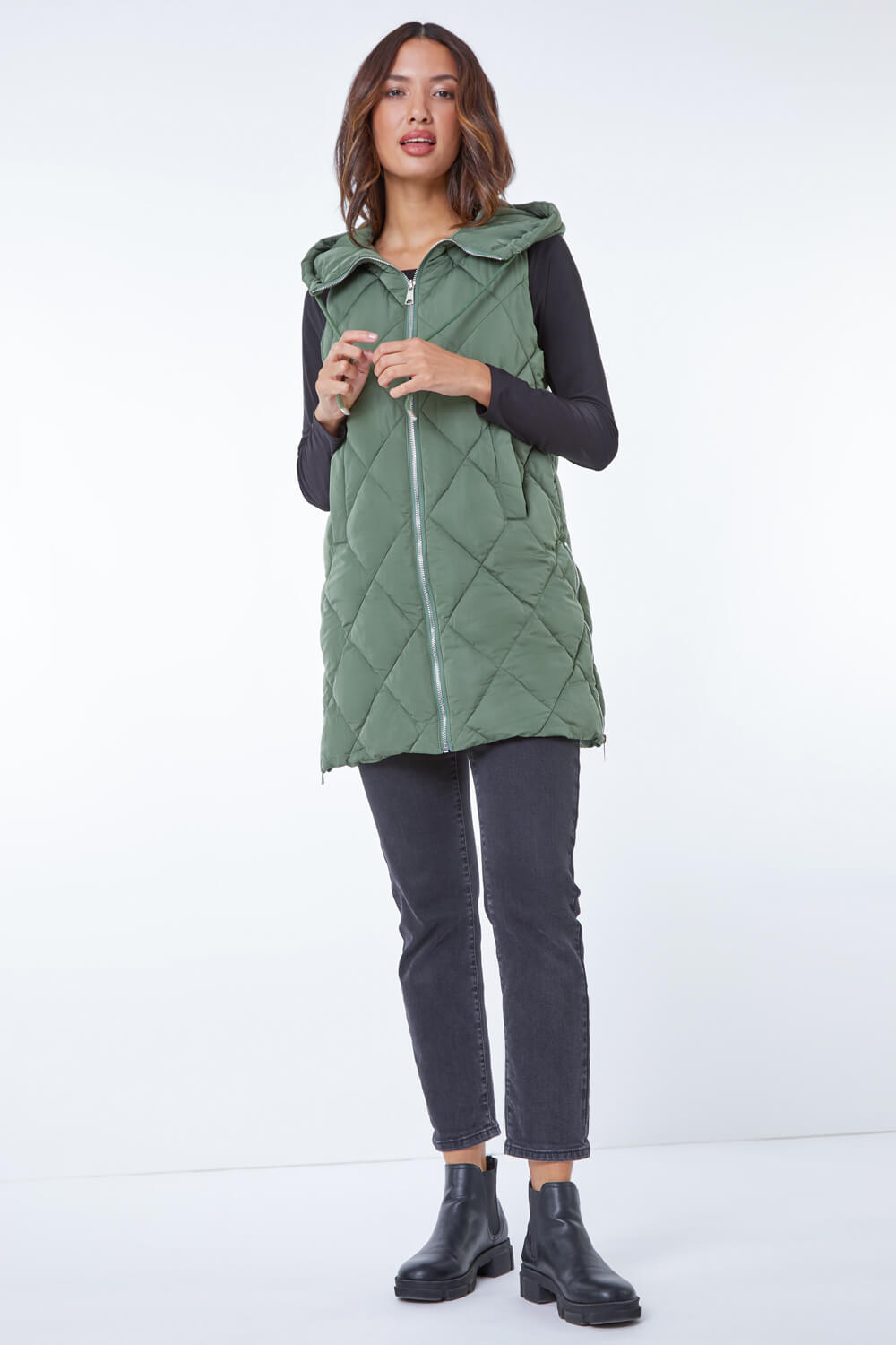 Sage Diamond Quilted Hooded Gilet, Image 2 of 5