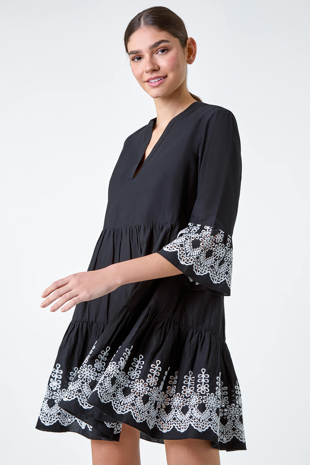 Black Embroidered Cotton Smock Dress, Image 2 of 5