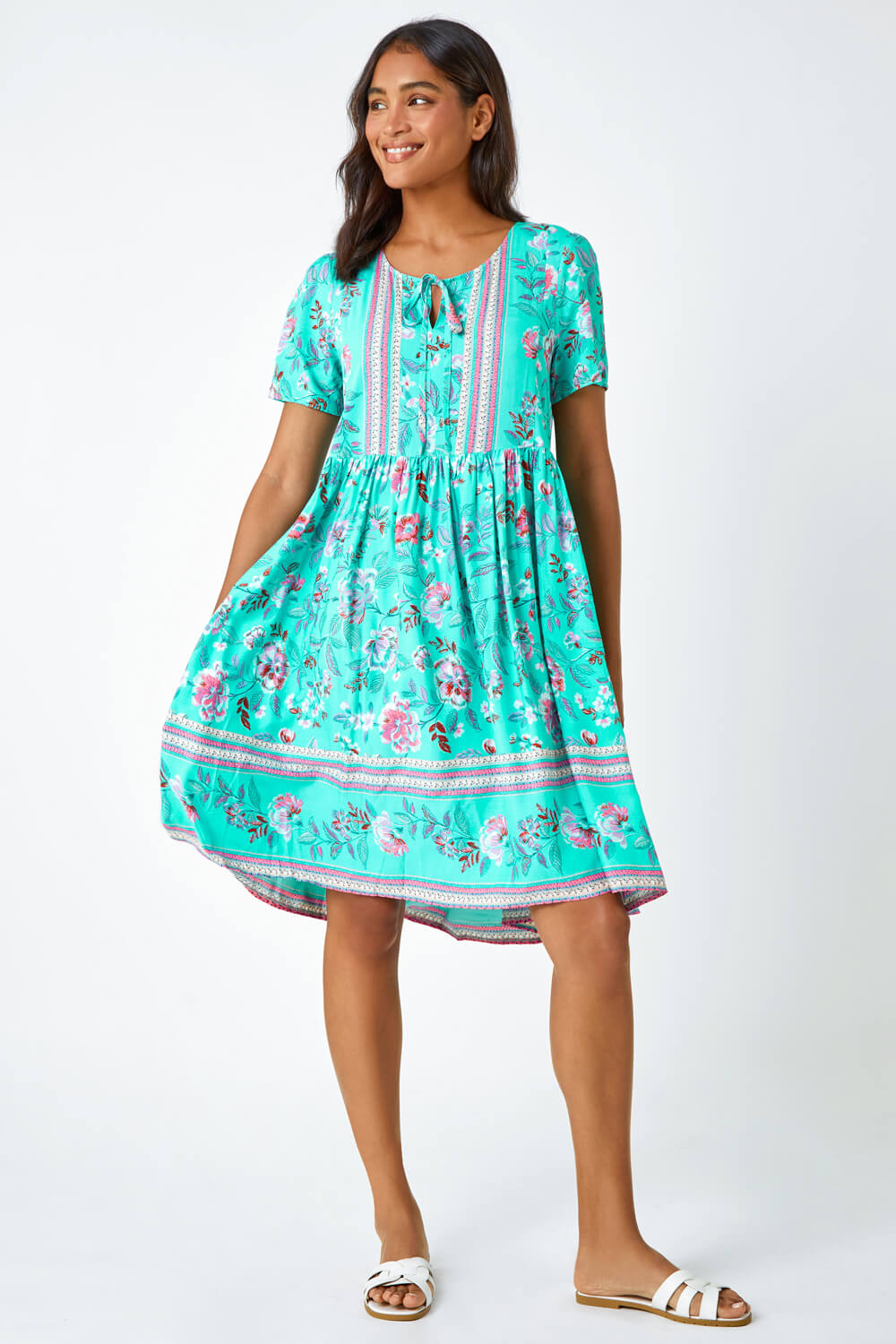 Turquoise Floral Border Print Smock Dress, Image 2 of 5