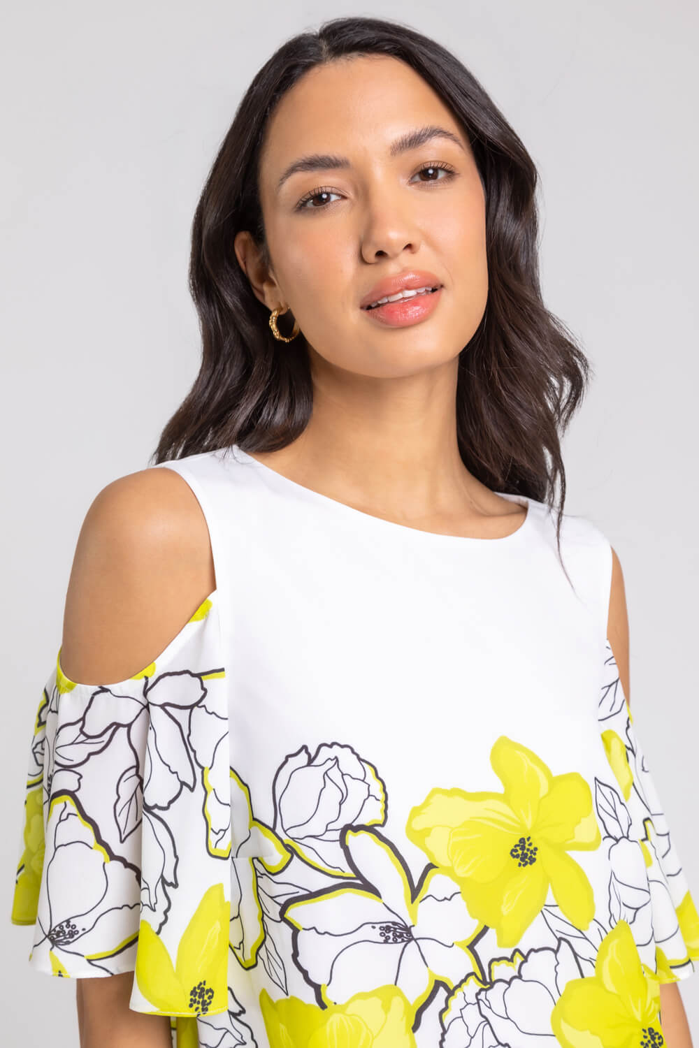 Lime Floral Placement Print Cold Shoulder Top, Image 4 of 5