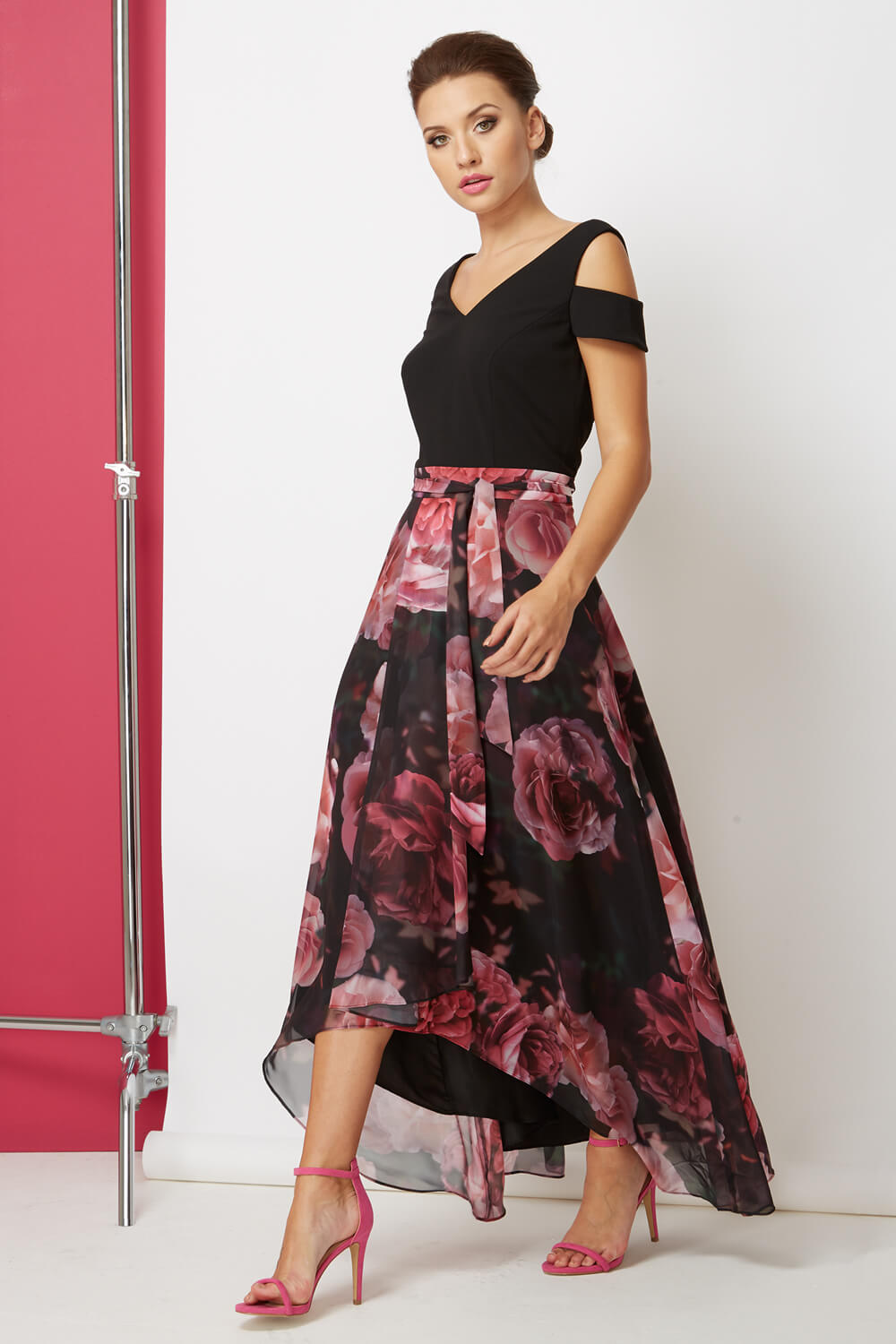 Floral Print Cold Shoulder Maxi Dress in Pink - Roman Originals UK