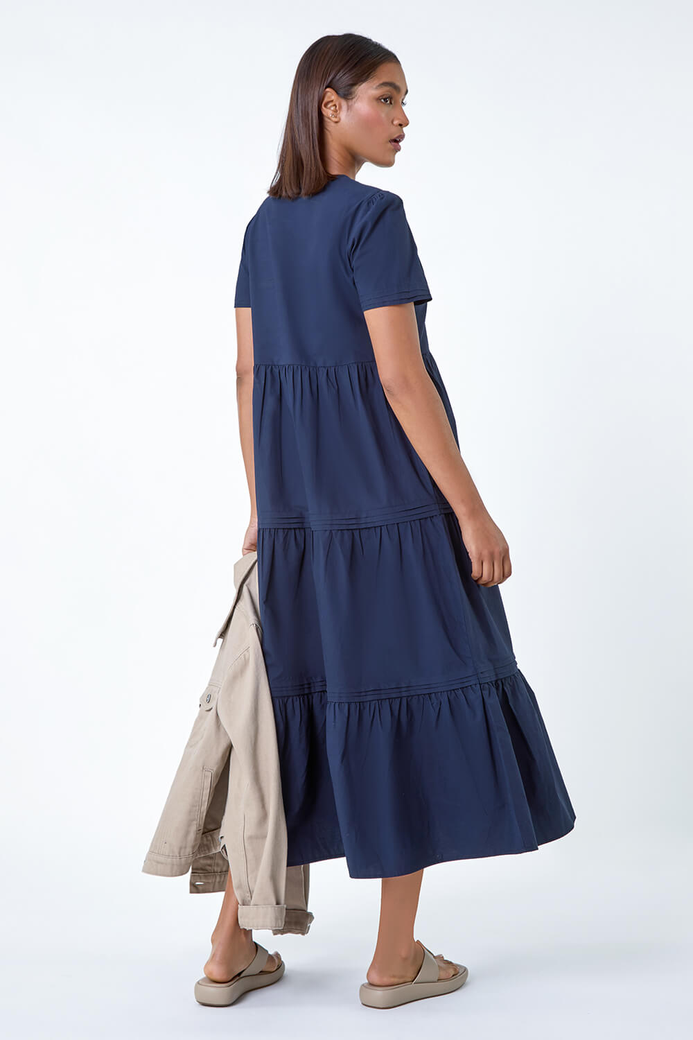Navy  Plain Cotton Tiered Maxi Dress, Image 3 of 5