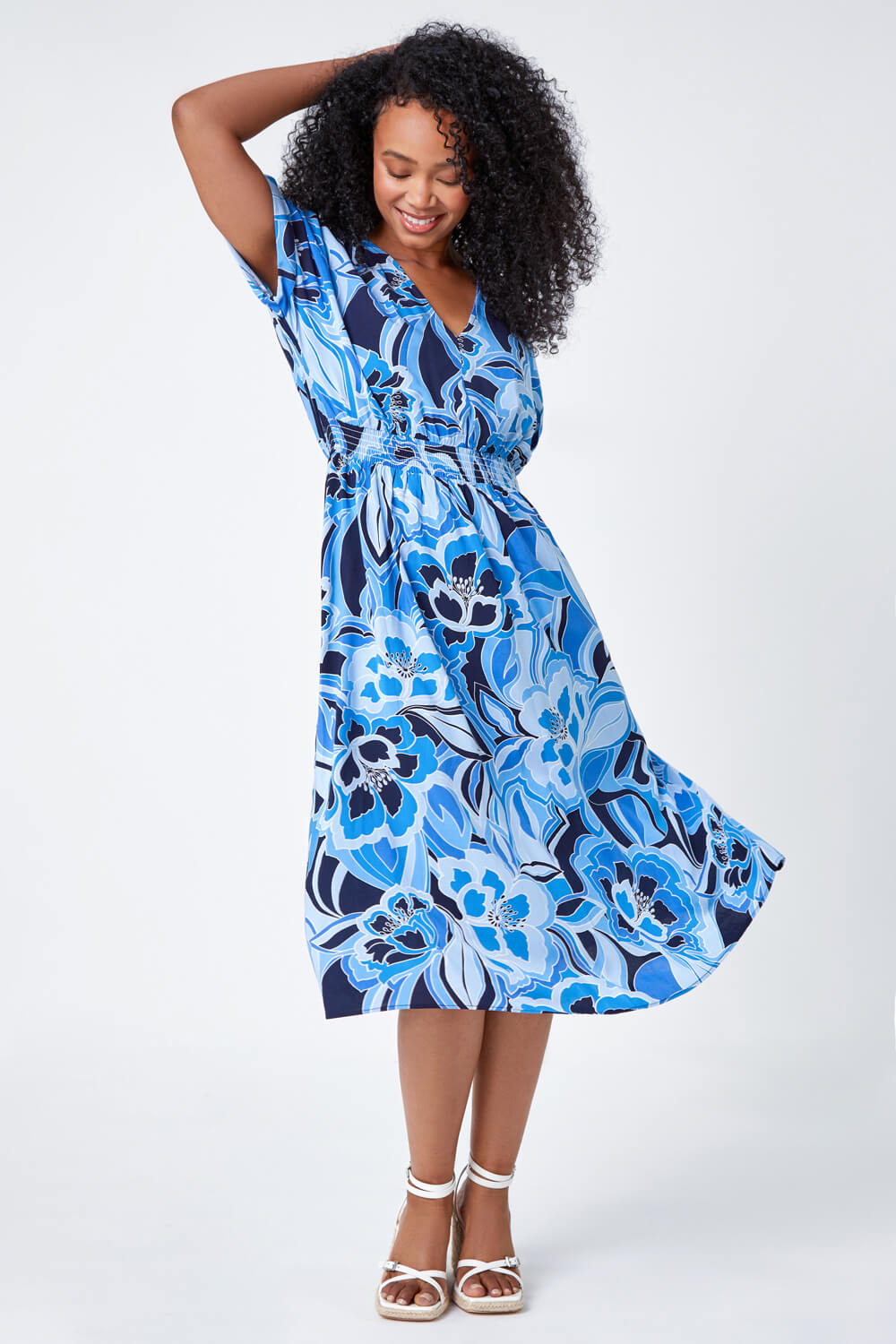 Blue Petite Floral Print Stretch Dress, Image 4 of 5