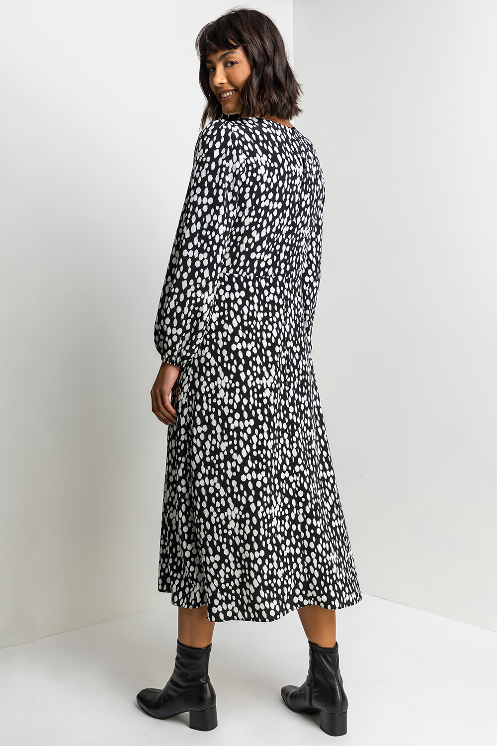 Black Spot Print Midi Dress, Image 2 of 5