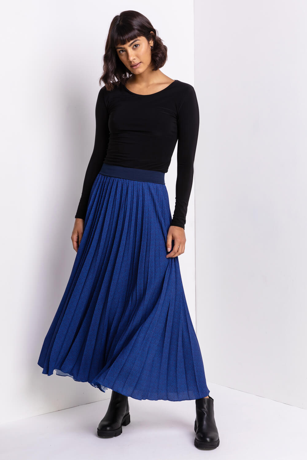 Ditsy Spot Pleated Maxi Skirt in Midnight Blue - Roman Originals UK