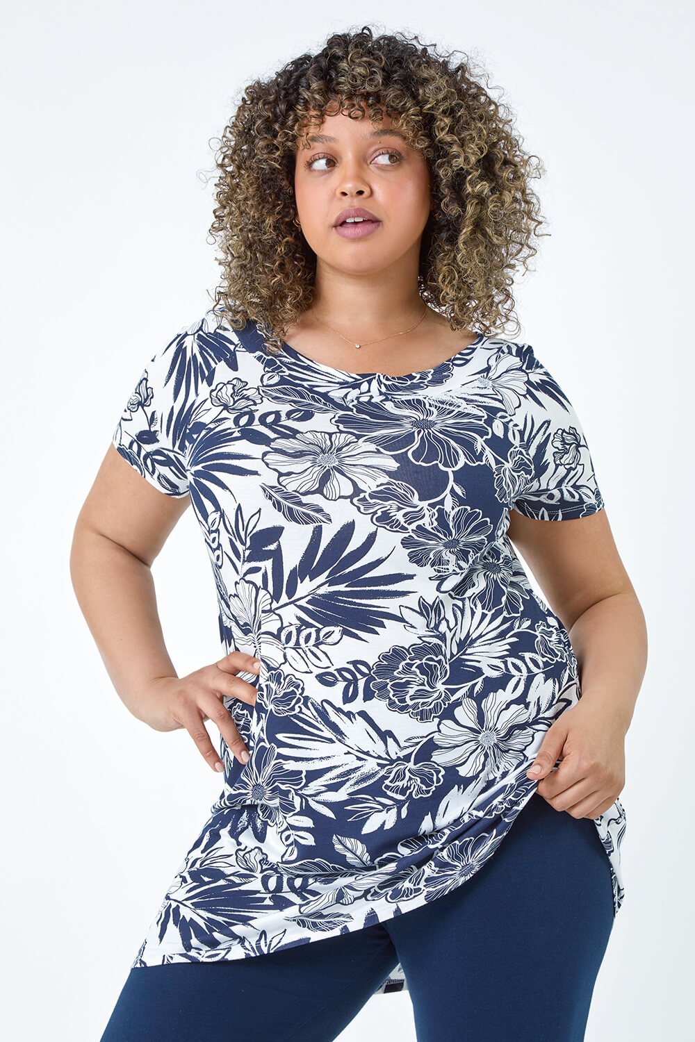 Navy  Curve Floral Print Stretch Top, Image 4 of 5