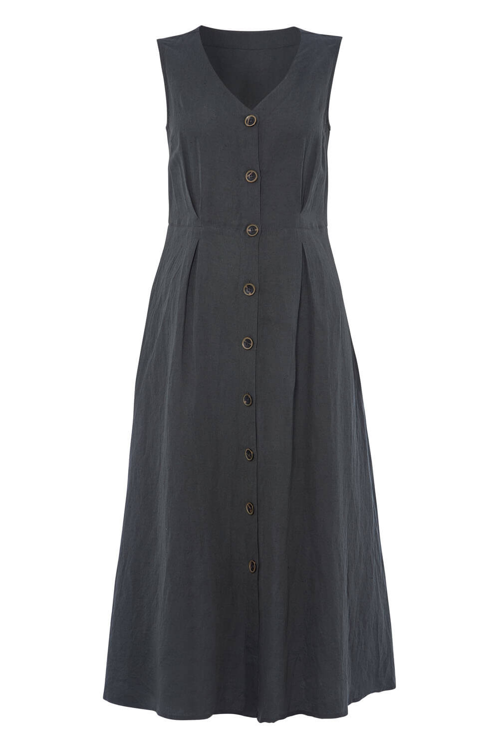 Button Through Linen Midi Dress in Khaki - Roman Originals UK