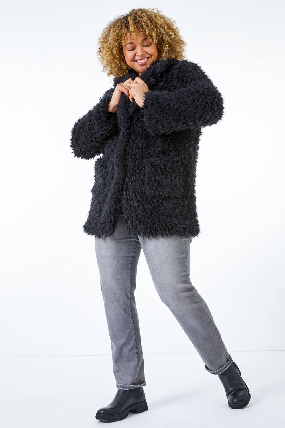 Black Curve Textured Faux Fur Coat , Image 4 of 5