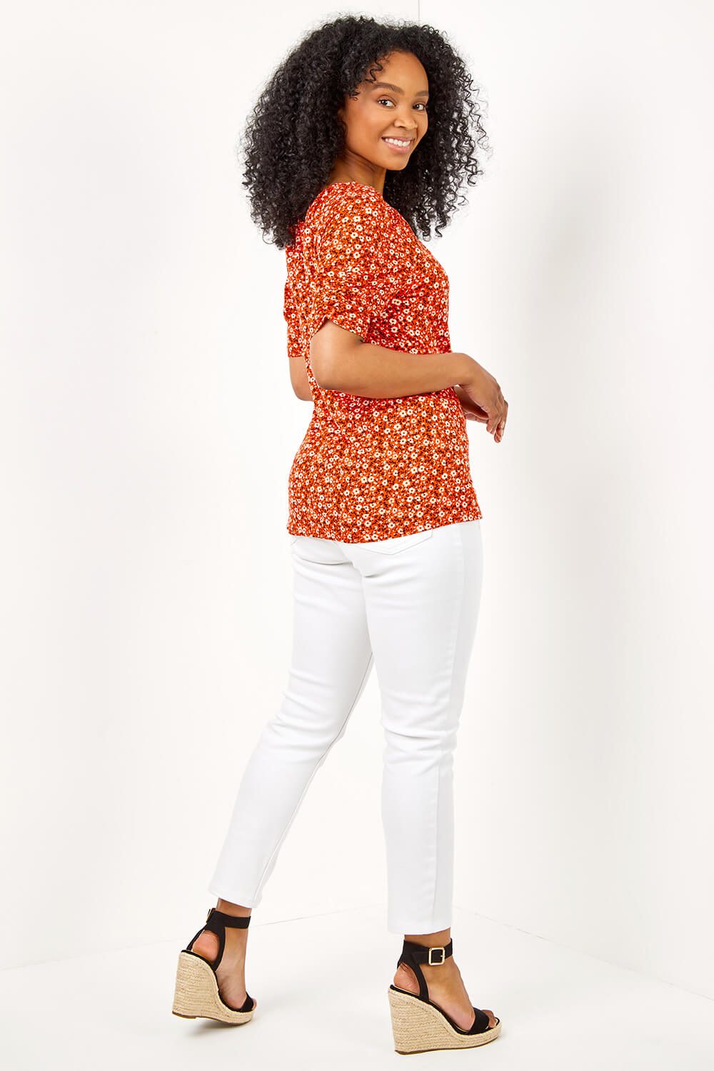 Red Petite Floral Print Stretch Jersey Top, Image 2 of 5