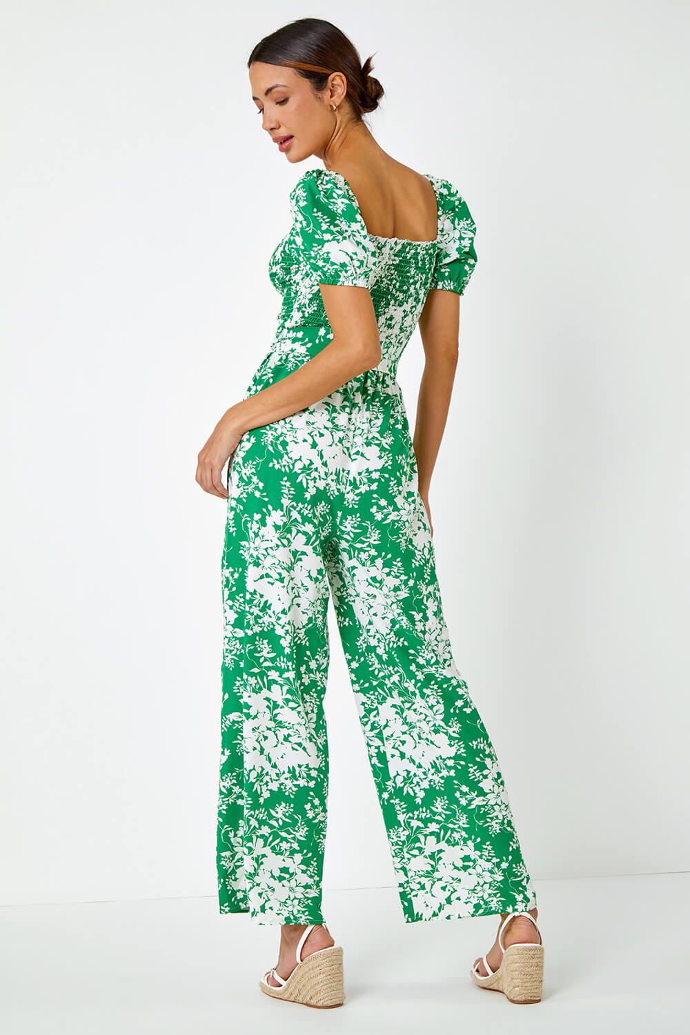 Green Ditsy Floral Stretch Shirred Jumpsuit, Image 3 of 5