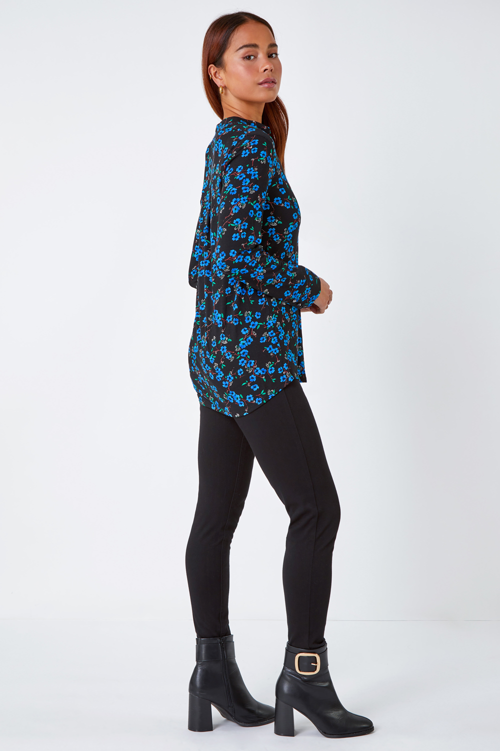 Blue Petite Floral Zip Detail Stretch Top, Image 3 of 5