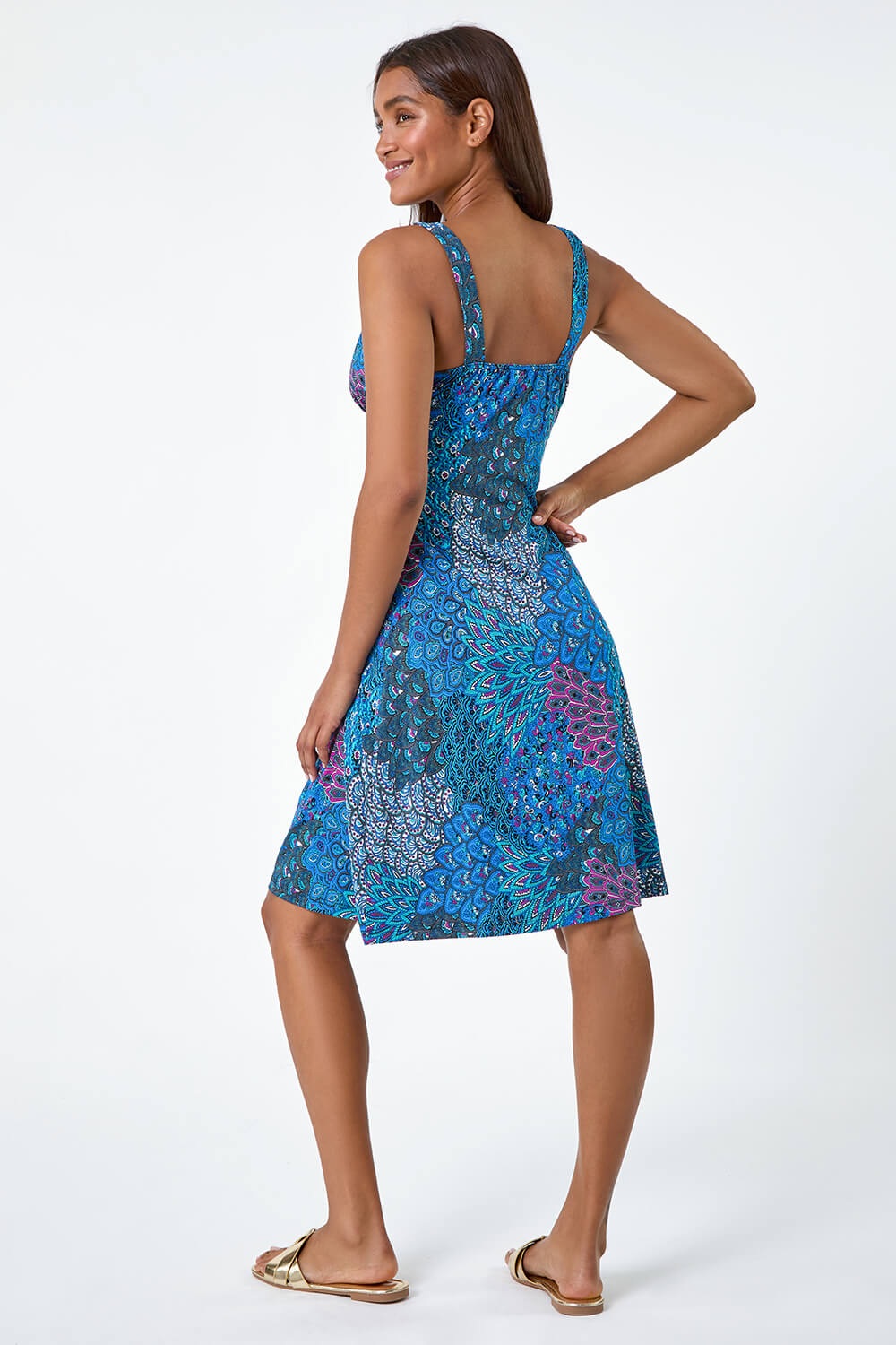 Blue Abstract Floral Stretch Jersey Dress, Image 3 of 5