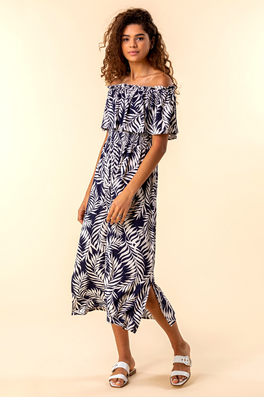 Navy  Palm Print Bardot Dress, Image 4 of 4