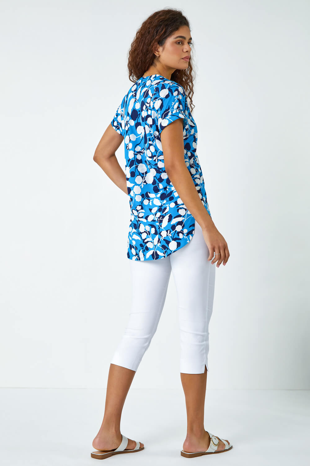 Turquoise Textured Floral Overshirt Stretch Top, Image 3 of 5