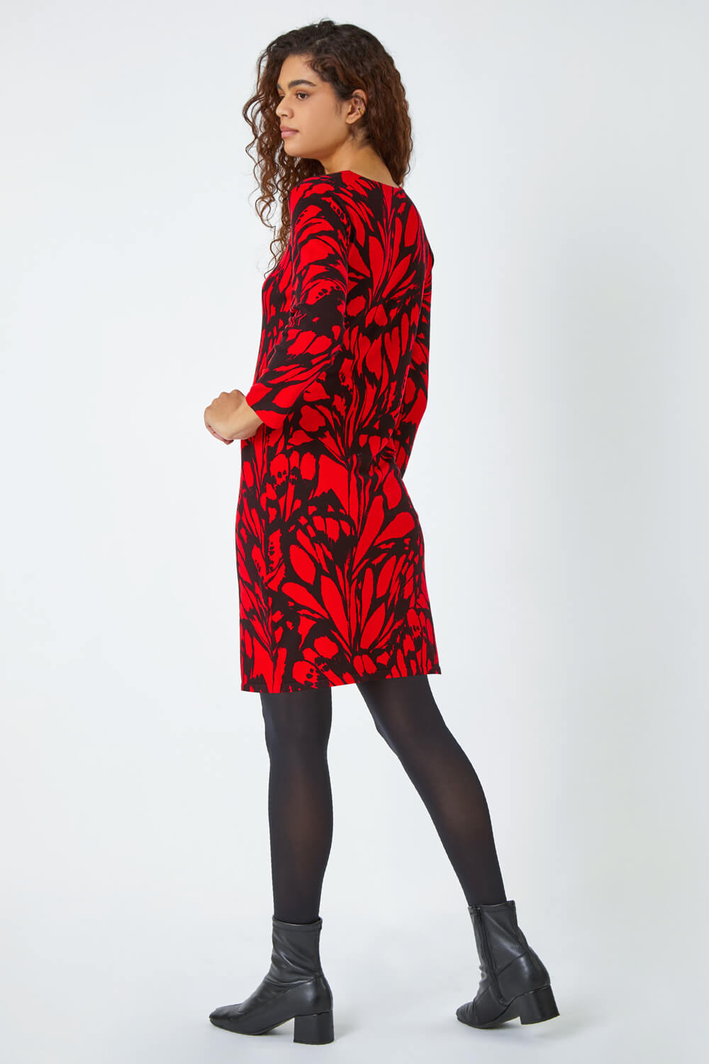 Red Butterfly Print Knitted Stretch Dress, Image 3 of 5