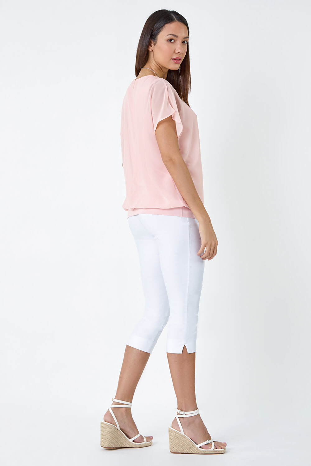 Light Pink Chiffon Jersey Blouson Top with Necklace, Image 3 of 5